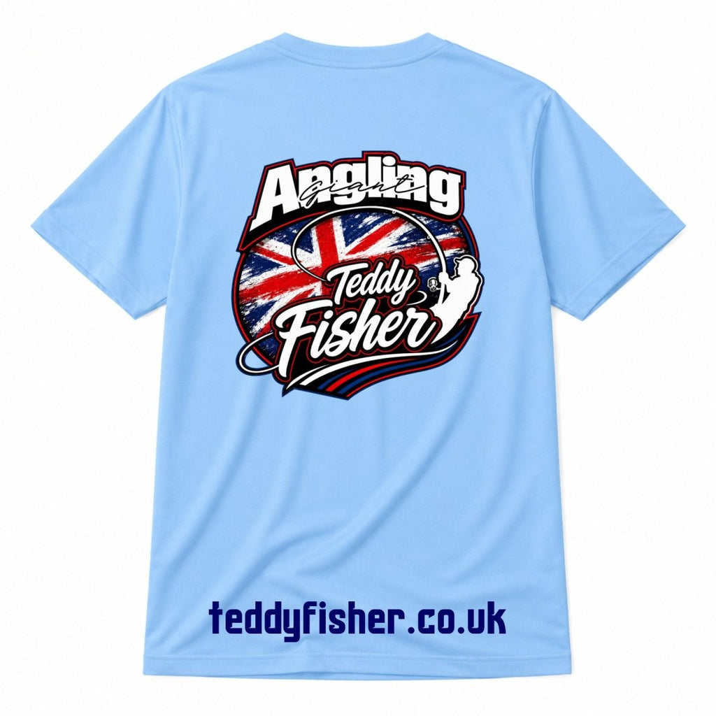 A light blue short-sleeve t-shirt shown from the back, featuring a large graphic print with the words 'Angling' and 'Teddy Fisher' over a Union Jack design, and 'teddyfisher.co.