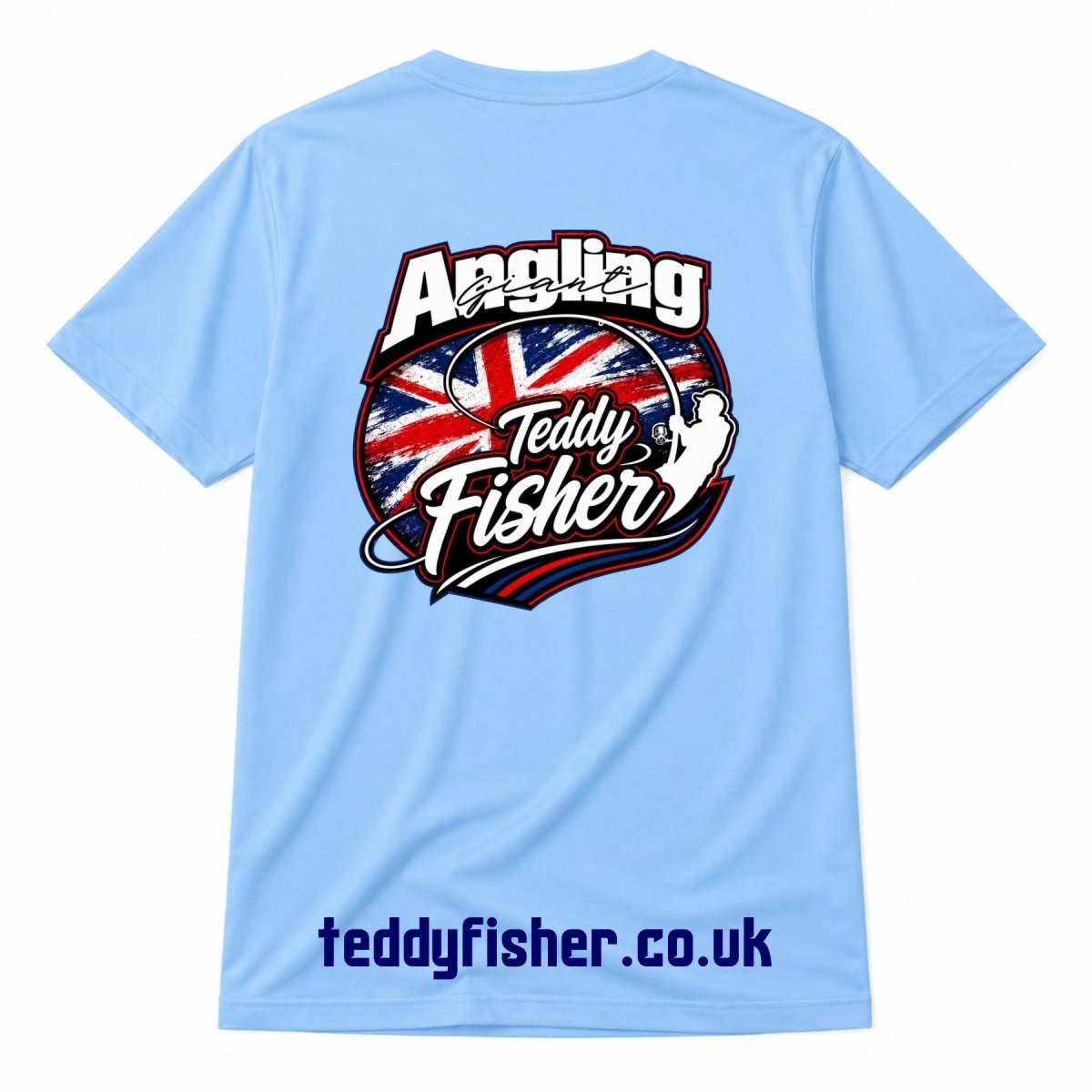 A light blue short-sleeve t-shirt shown from the back, featuring a large graphic print with the words 'Angling' and 'Teddy Fisher' over a Union Jack design, and 'teddyfisher.co.