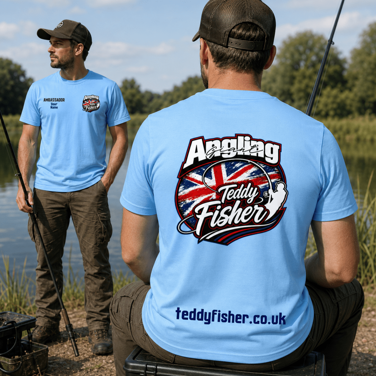 Two men outdoors by a lake wearing light blue fishing t-shirts. The man in the foreground shows the back of the shirt with a large graphic reading 'Angling Teddy Fisher' over a Union Jack design, and the man in the background shows the front of the shirt with a small chest logo and text.