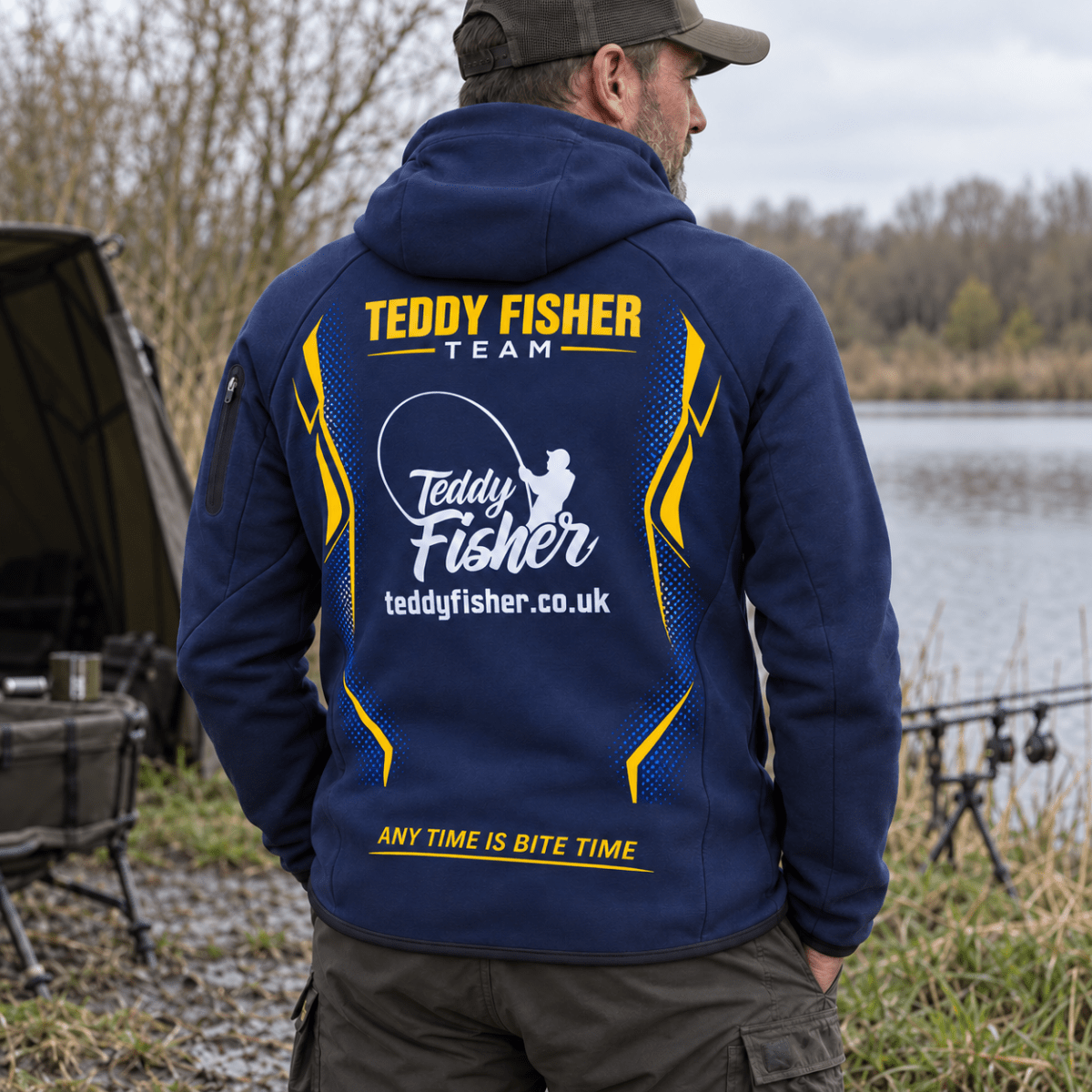 Male angler in navy Teddy Fisher Team JC305 Zoodie back – CLB-TFI-JC305-9999