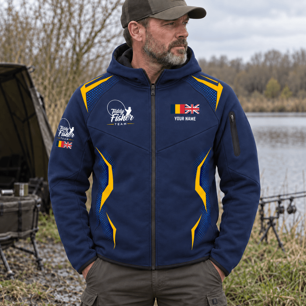 Male angler in navy Teddy Fisher Team JC305 Zoodie front – CLB-TFI-JC305-9999