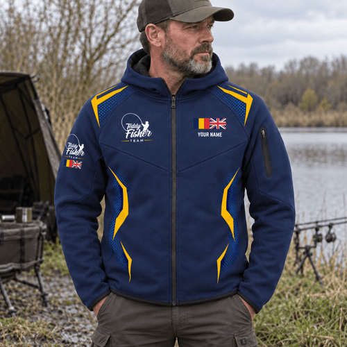 Male angler in navy Teddy Fisher Team JC305 Zoodie front – CLB-TFI-JC305-9999