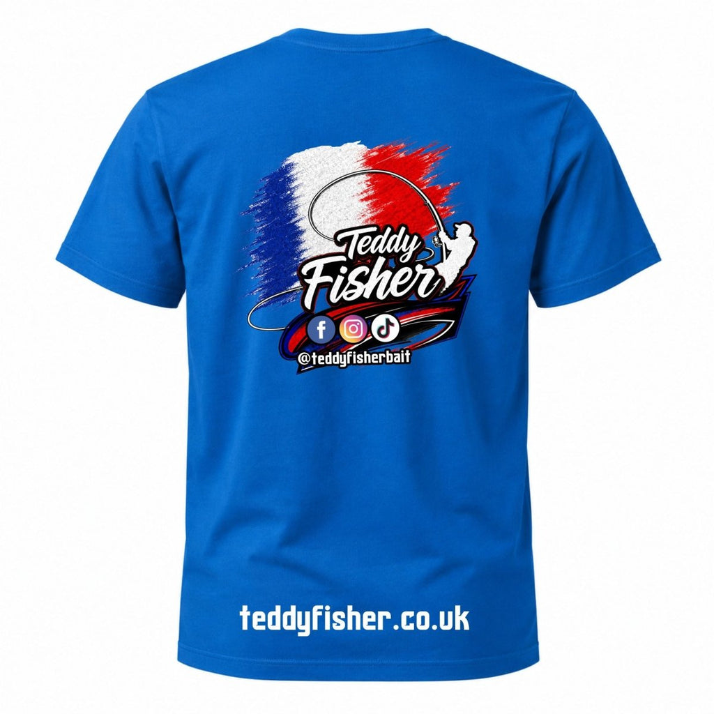 A royal blue short-sleeve t-shirt shown from the back, featuring a large graphic print with the text 'Teddy Fisher' over a red, white, and blue paint-splatter design, social media icons, and 'teddyfisher.co.