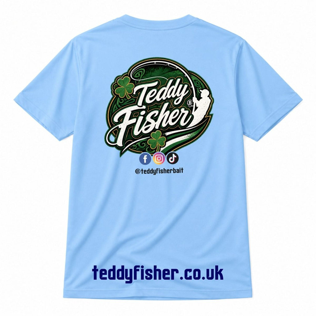 Shamrock design printed on the back of a sky blue t-shirt, teddyfisher.co.uk printed at the bottom