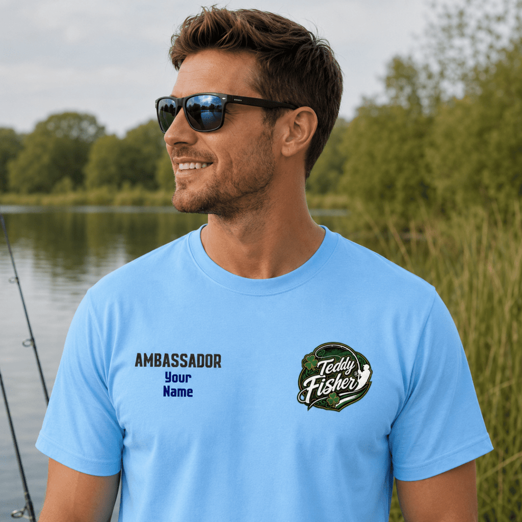 A man wearing a light blue custom printed t-shirt with 'AMBASSADOR Your Name' and a 'Teddy Fisher' logo, standing outdoors near a lake.