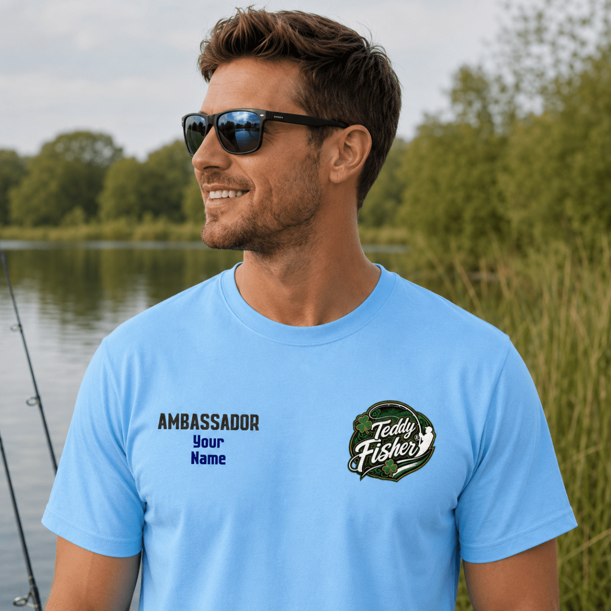 A man wearing a light blue custom printed t-shirt with 'AMBASSADOR Your Name' and a 'Teddy Fisher' logo, standing outdoors near a lake.