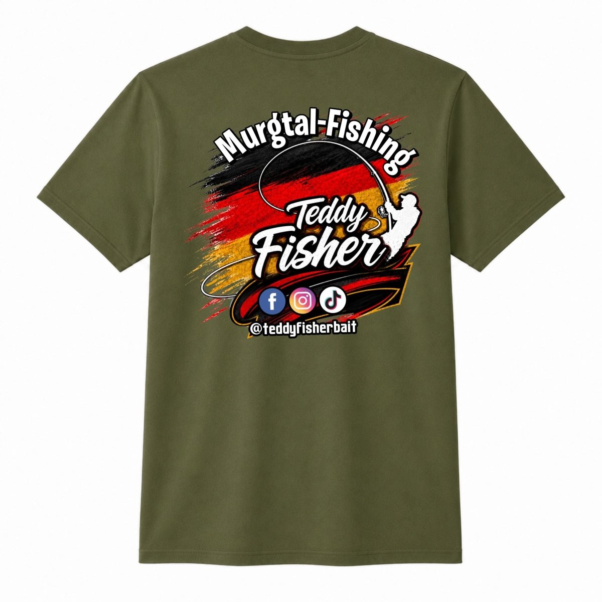 An olive green short-sleeve t-shirt with a large graphic on the front. The graphic features the text 'Murgtal-Fishing' and 'Teddy Fisher' in white stylized lettering over a red, black, and yellow paint-splatter design, with social media icons and '@teddyfisherbaft' below.