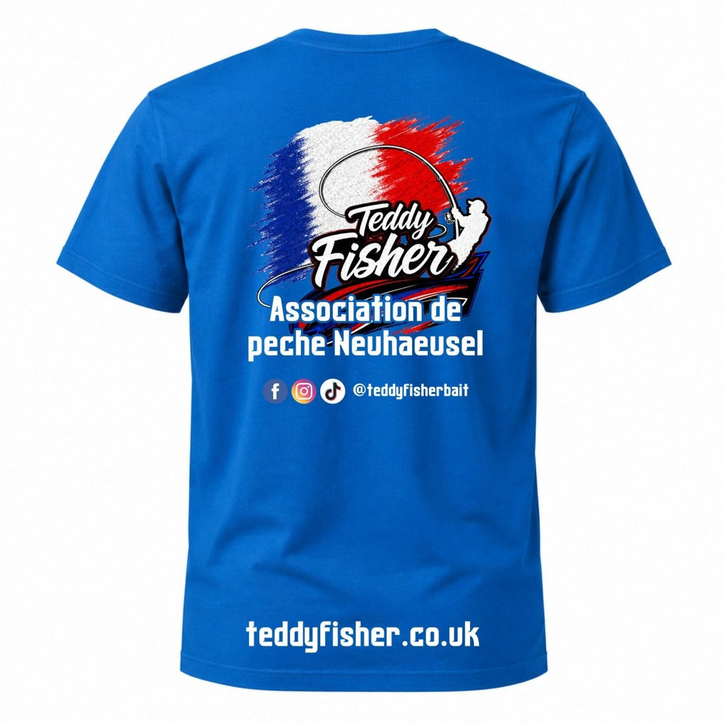 A royal blue short-sleeve t-shirt shown from the back, featuring a large graphic print with the text 'Teddy Fisher', 'Association de pêche Neuhaeusel', social media icons, and 'teddyfisher.co.