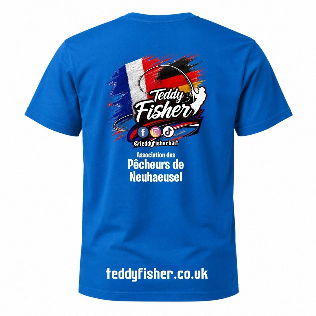 A royal blue short-sleeve t-shirt shown from the back, featuring a large graphic print with a French flag, a fishing rod, and the text 'Teddy Fisher' along with social media icons and 'Association des Pècheurs de Neuhaeusel'.