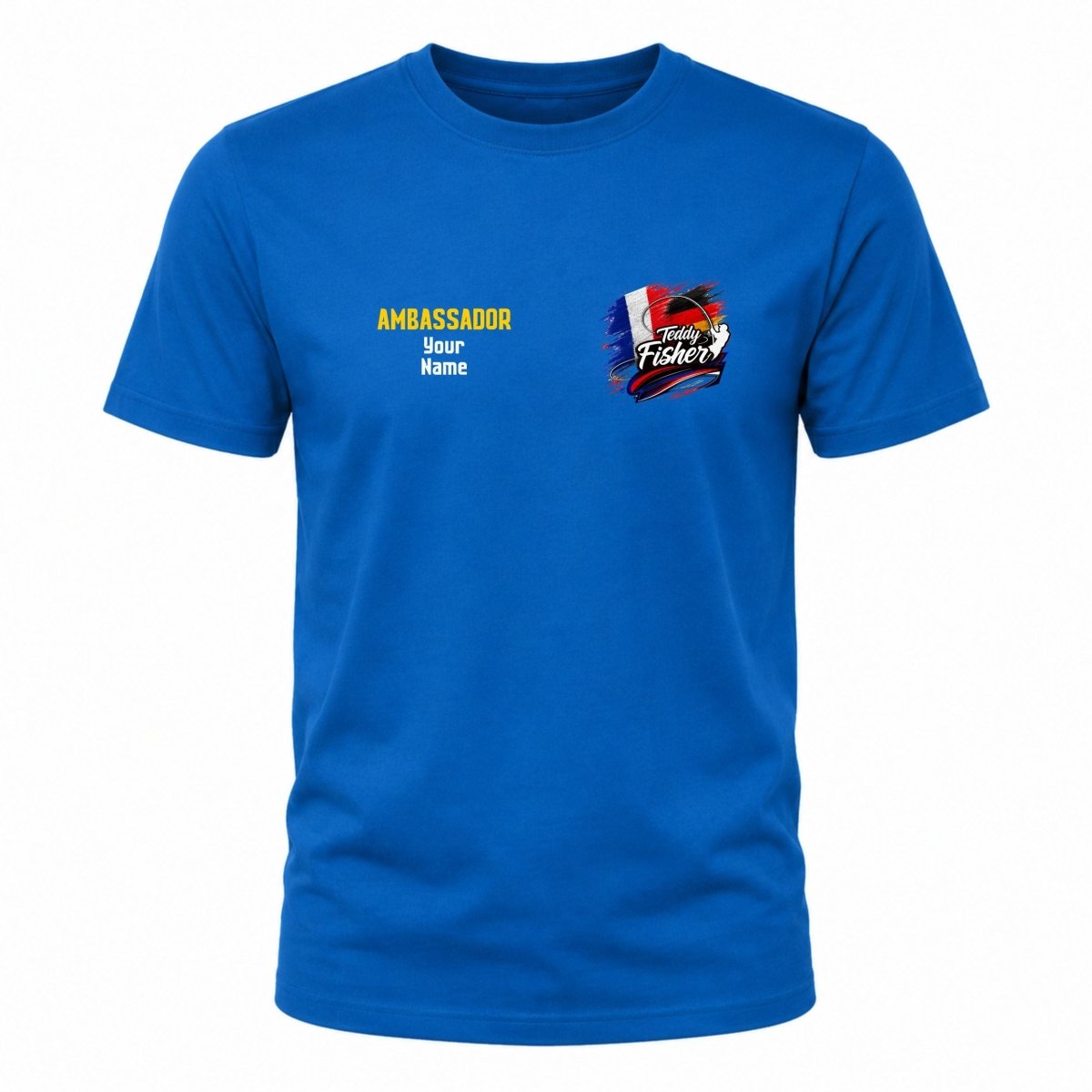 A royal blue short-sleeve crewneck t-shirt with a customizable graphic on the left chest. The graphic features yellow and white text reading 'AMBASSADOR Your Name' alongside a colorful 'Angry Fisherman' logo.