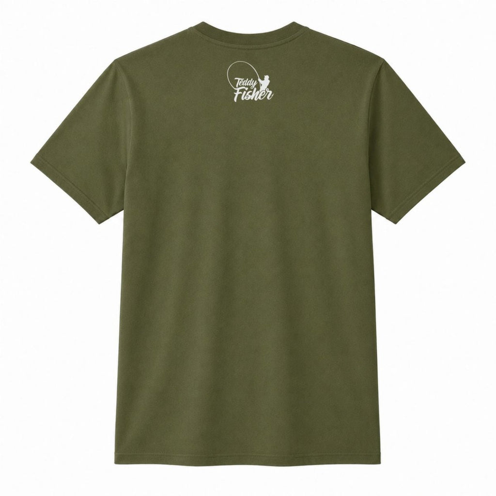 An olive green short-sleeve t-shirt shown from the back, featuring a small white graphic on the upper back with a fish outline and the text 'Tired Fisherman'.