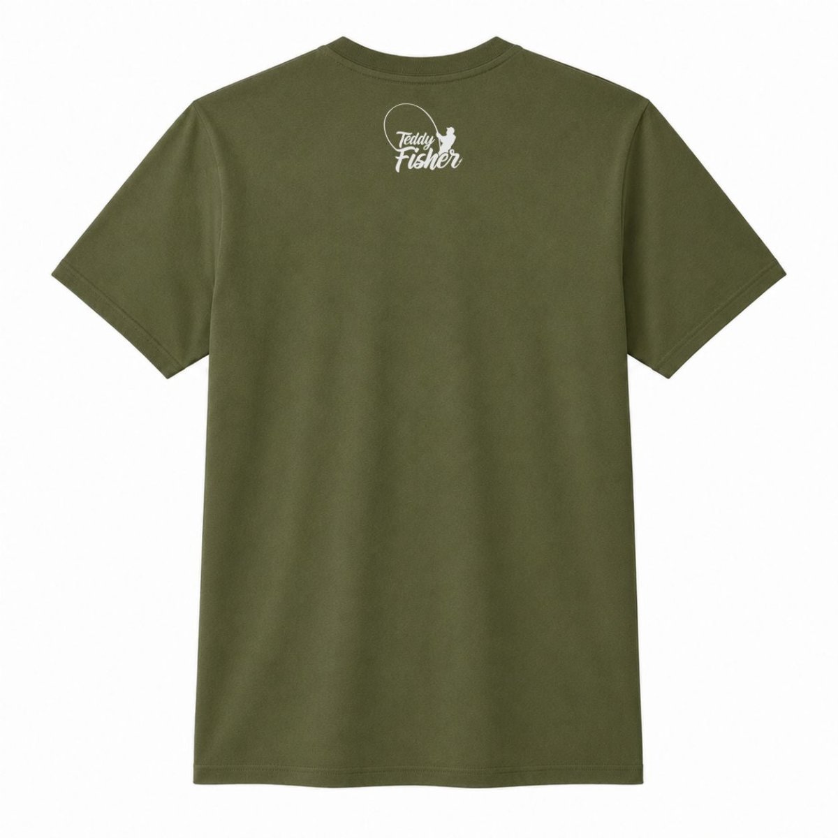 An olive green short-sleeve t-shirt shown from the back, featuring a small white graphic on the upper back with a fish outline and the text 'Tired Fisherman'.