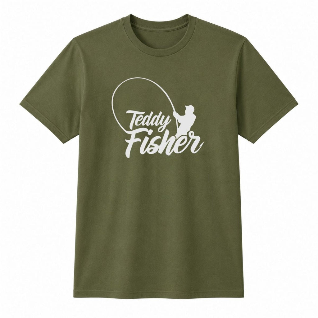 An olive green short-sleeve crewneck t-shirt with a white graphic print on the front that reads 'Teddy Fisher' with a fishing rod and fish silhouette design, shown against a plain white background.