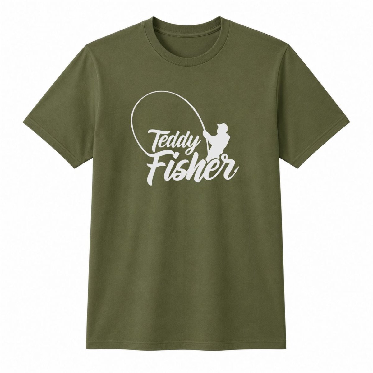 An olive green short-sleeve crewneck t-shirt with a white graphic print on the front that reads 'Teddy Fisher' with a fishing rod and fish silhouette design, shown against a plain white background.