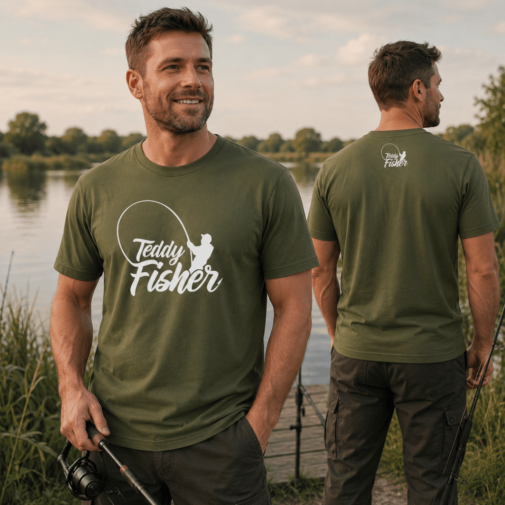 A man wearing an olive green t-shirt with a white 'Teddy Fisherman' graphic stands by a lake, with another view of the same shirt shown from the back on the right.