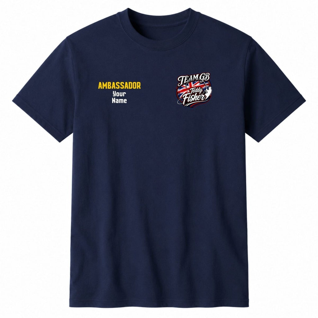 A navy blue short-sleeve crewneck t-shirt with custom printed graphics on the chest. The left chest features the word 'AMBASSADOR' in yellow, followed by 'Your Name' in white.