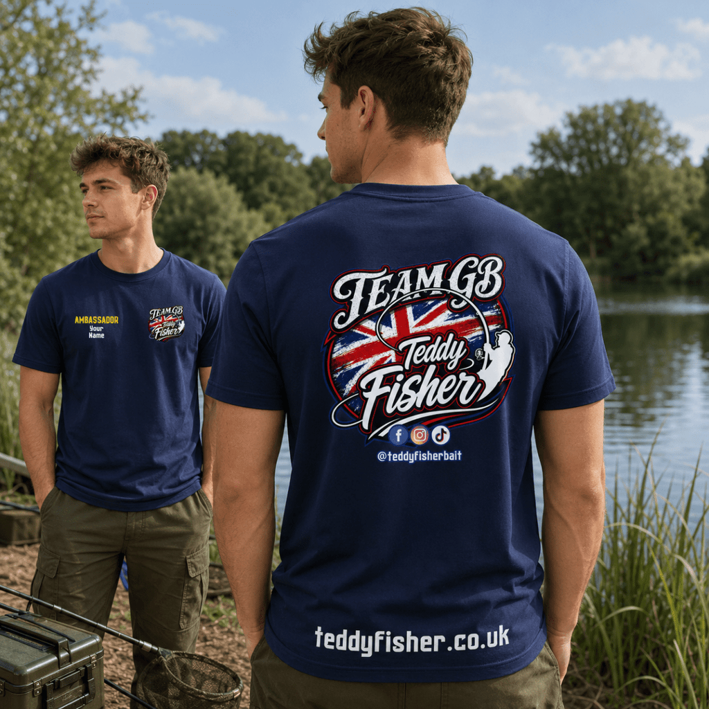 A man stands outdoors by a lake wearing a navy blue T-shirt, shown from the back. The shirt features a large white and red graphic reading 'TEAM GB Teddy Fisher' with a Union Jack design and social media details.