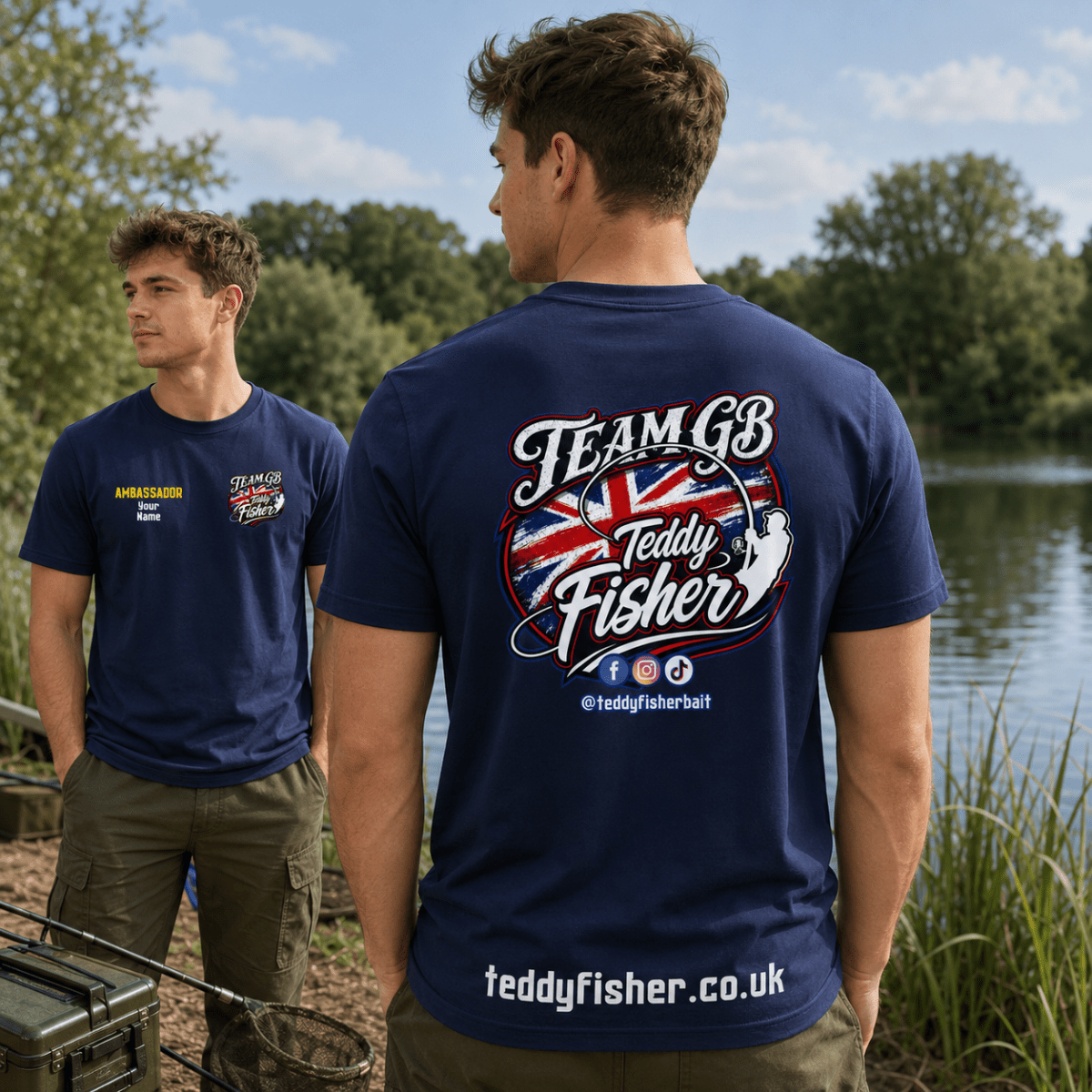 A man stands outdoors by a lake wearing a navy blue T-shirt, shown from the back. The shirt features a large white and red graphic reading 'TEAM GB Teddy Fisher' with a Union Jack design and social media details.