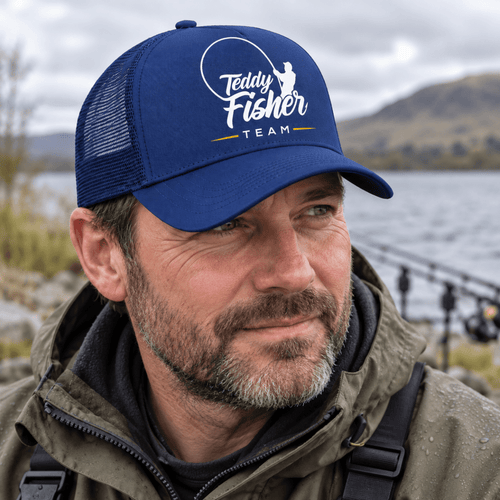 Male angler wearing navy Teddy Fisher Team trucker cap – CLB-TFI-BC640-9999