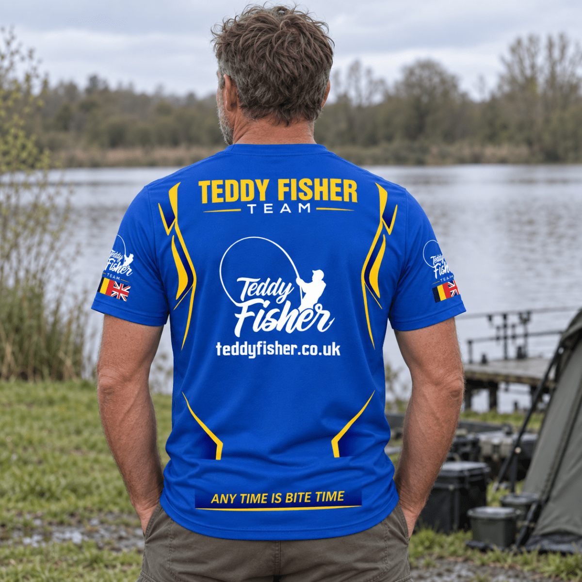 Male angler in royal blue Teddy Fisher Team performance T-shirt back – CLB-TFI-JC001-9999