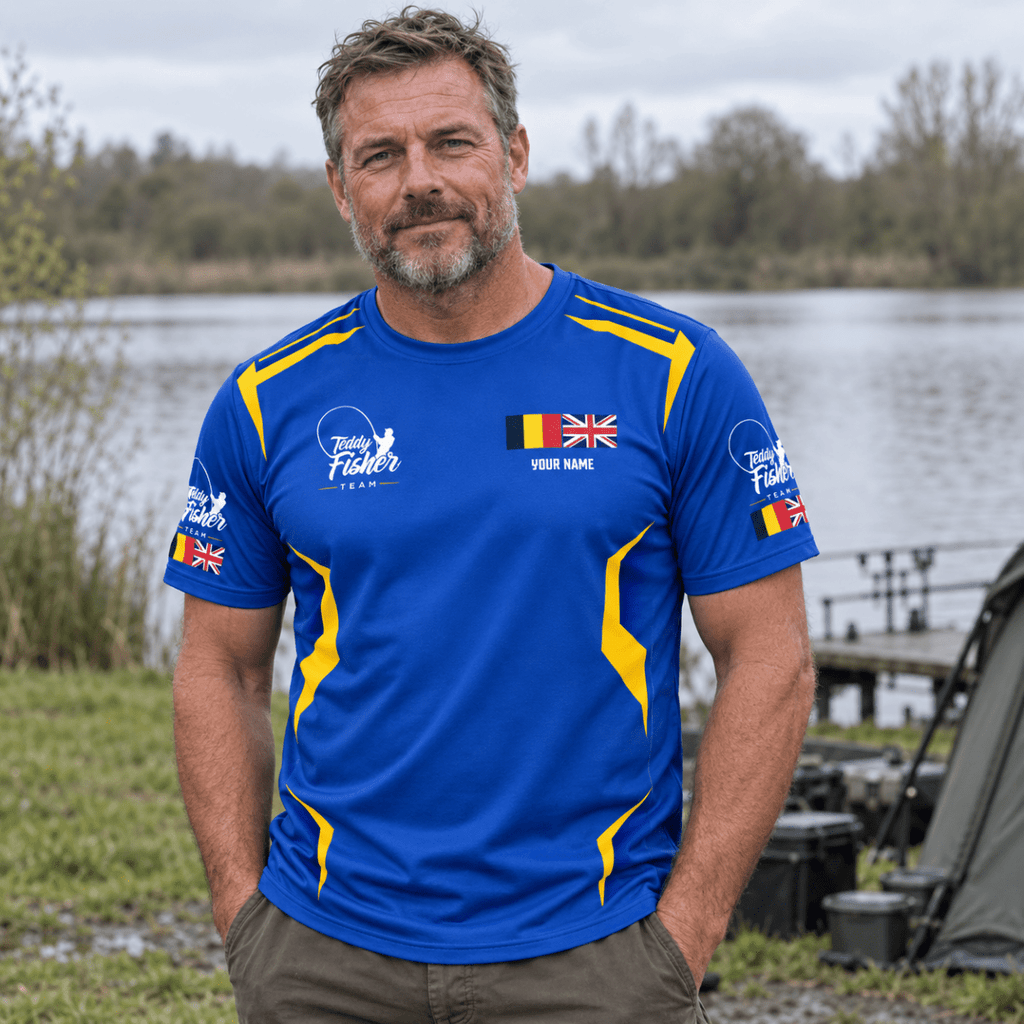 Male angler in royal blue Teddy Fisher Team performance T-shirt front – CLB-TFI-JC001-9999