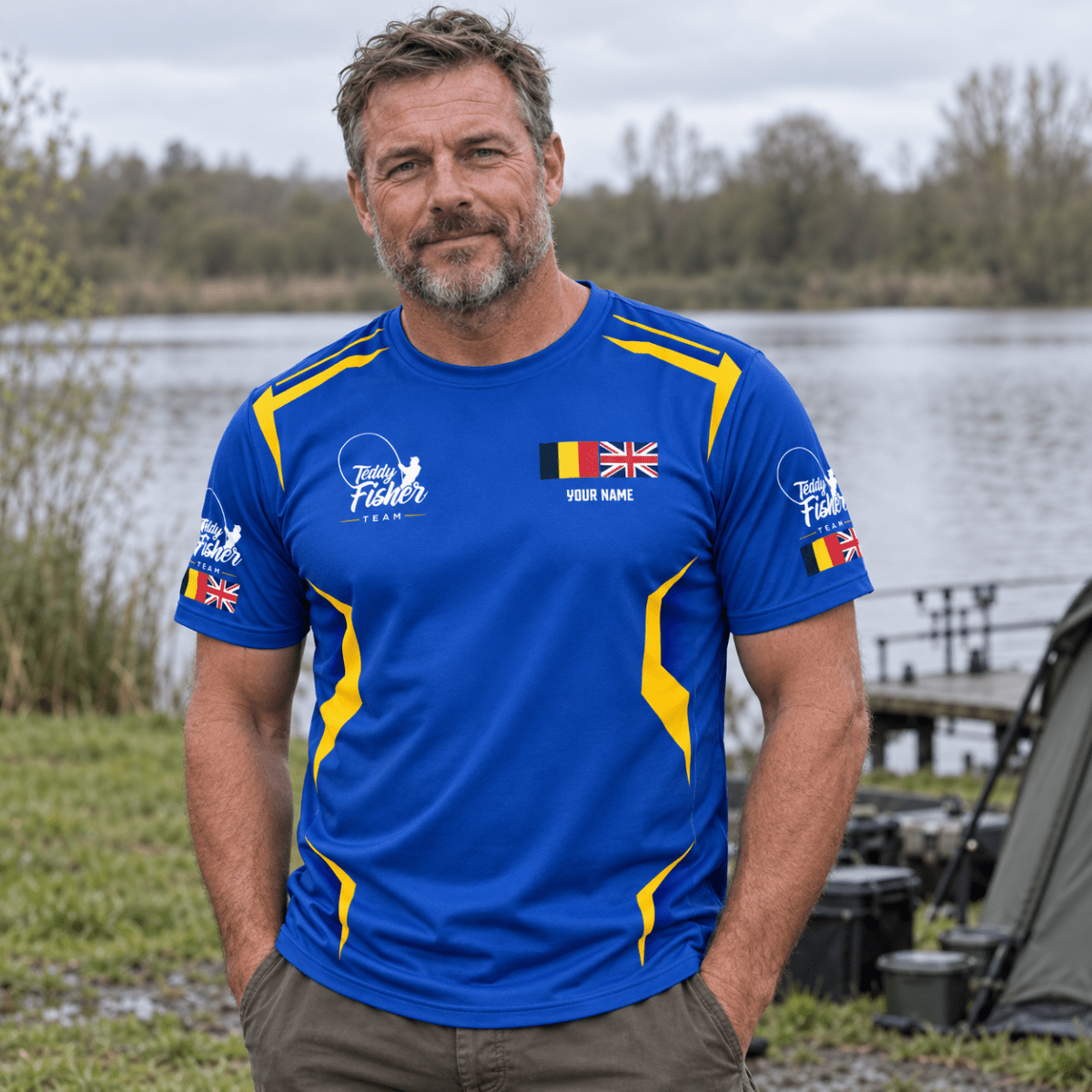 Male angler in royal blue Teddy Fisher Team performance T-shirt front – CLB-TFI-JC001-9999