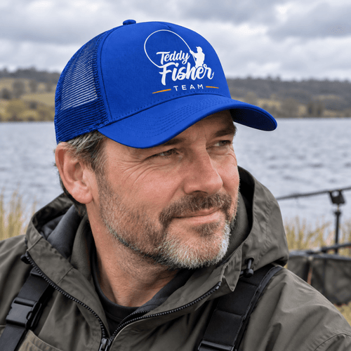 Male angler wearing royal blue Teddy Fisher Team trucker cap – CLB-TFI-BC640-9999