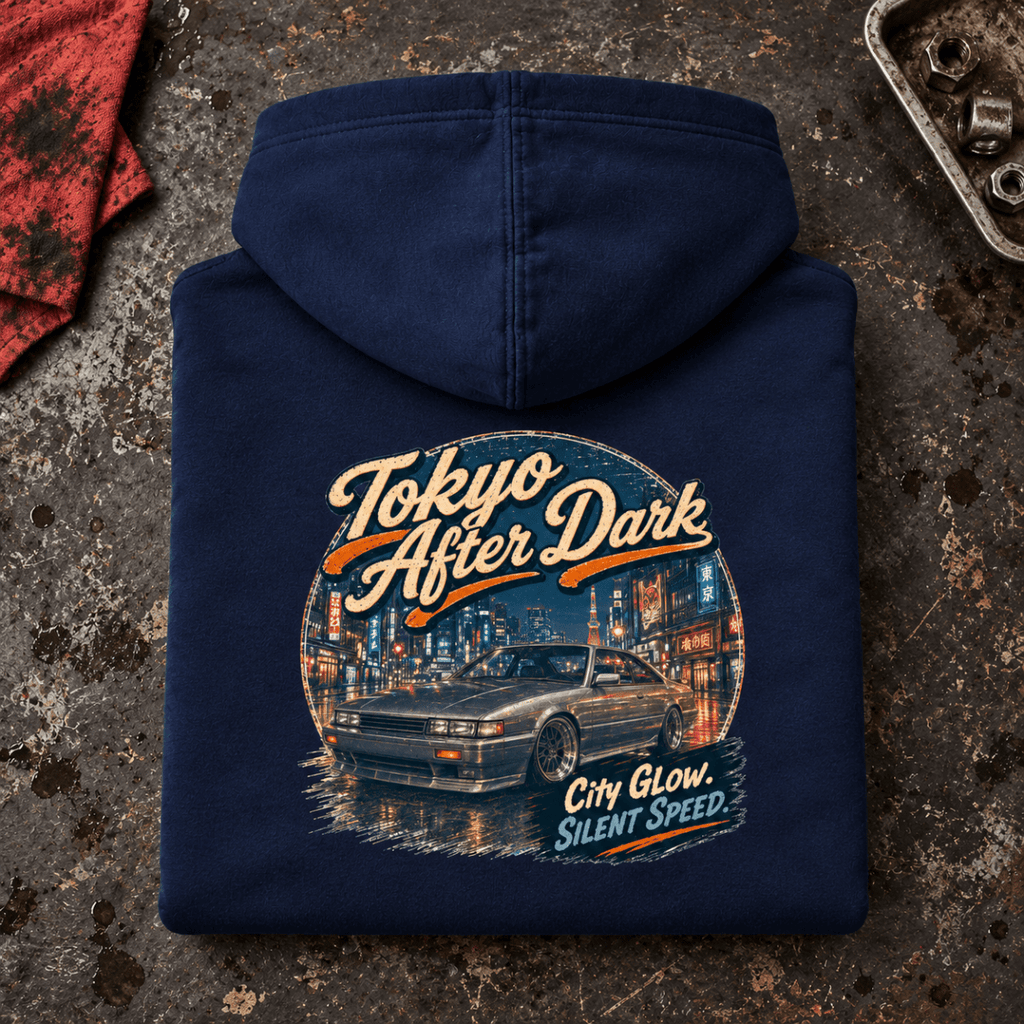 Classic Coupe Graphic Hoodie – Tokyo After Dark Drift JDM Night Culture, folded back main hero on a worn automotive workbench – car-hd-0065
