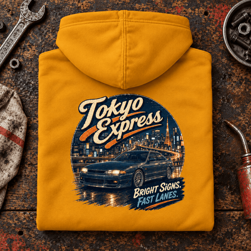 Tokyo Express Street Coupe JDM Urban Graphic Hoodie — Mustard, folded back main hero on a worn automotive workbench – car-hd-0064