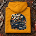 Tokyo Express Street Coupe JDM Urban Graphic Hoodie — Mustard, folded back main hero on a worn automotive workbench – car-hd-0064