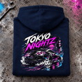 Folded navy tokyo nightz drift hoodie, rear print on a worn workshop bench — car-hd-0033