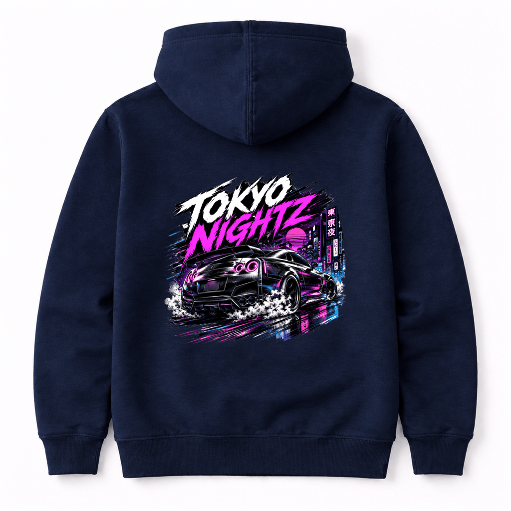 Camberline Cars Tokyo Nightz Hoodie in Navy showing back graphic