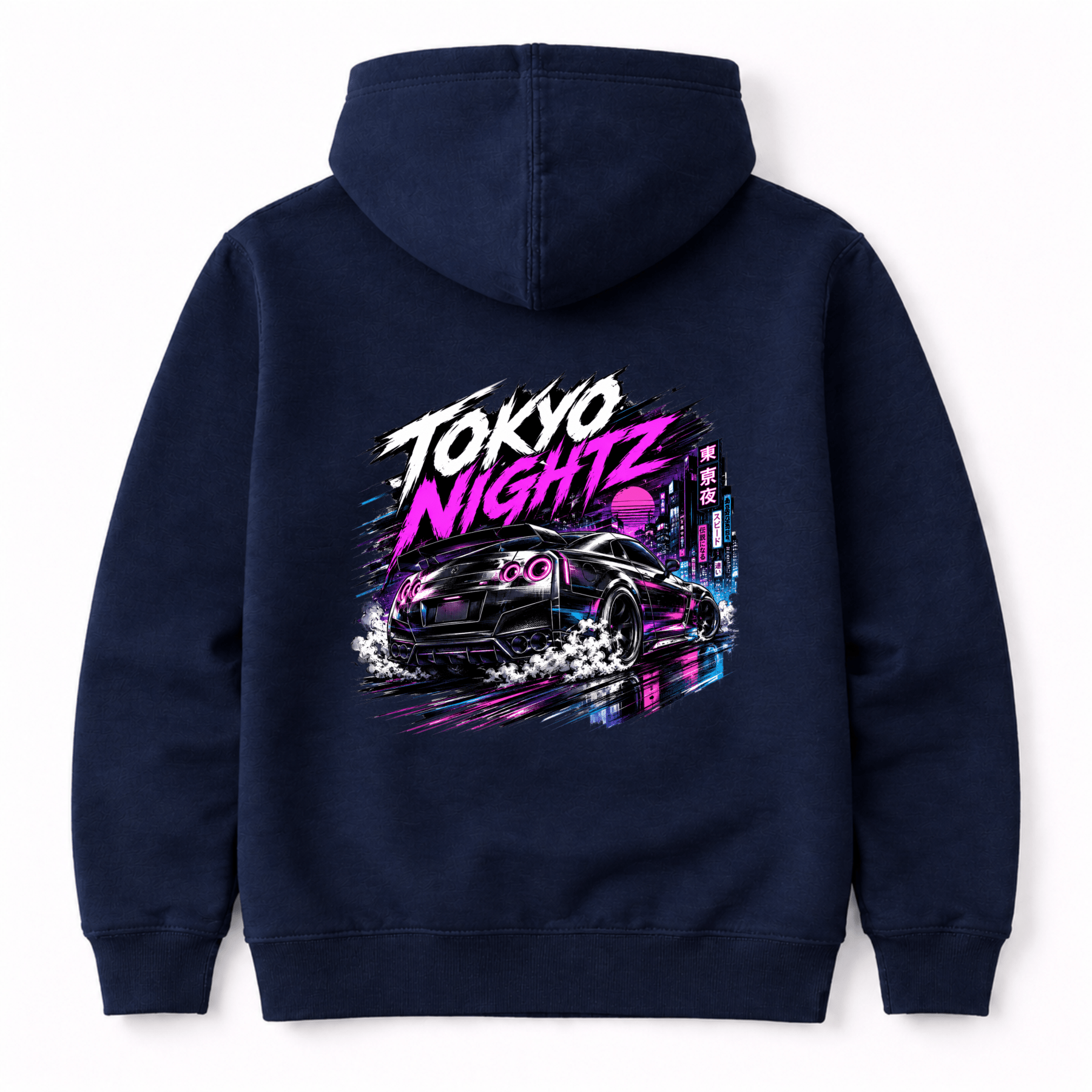 Camberline Cars Tokyo Nightz Hoodie in Navy showing back graphic