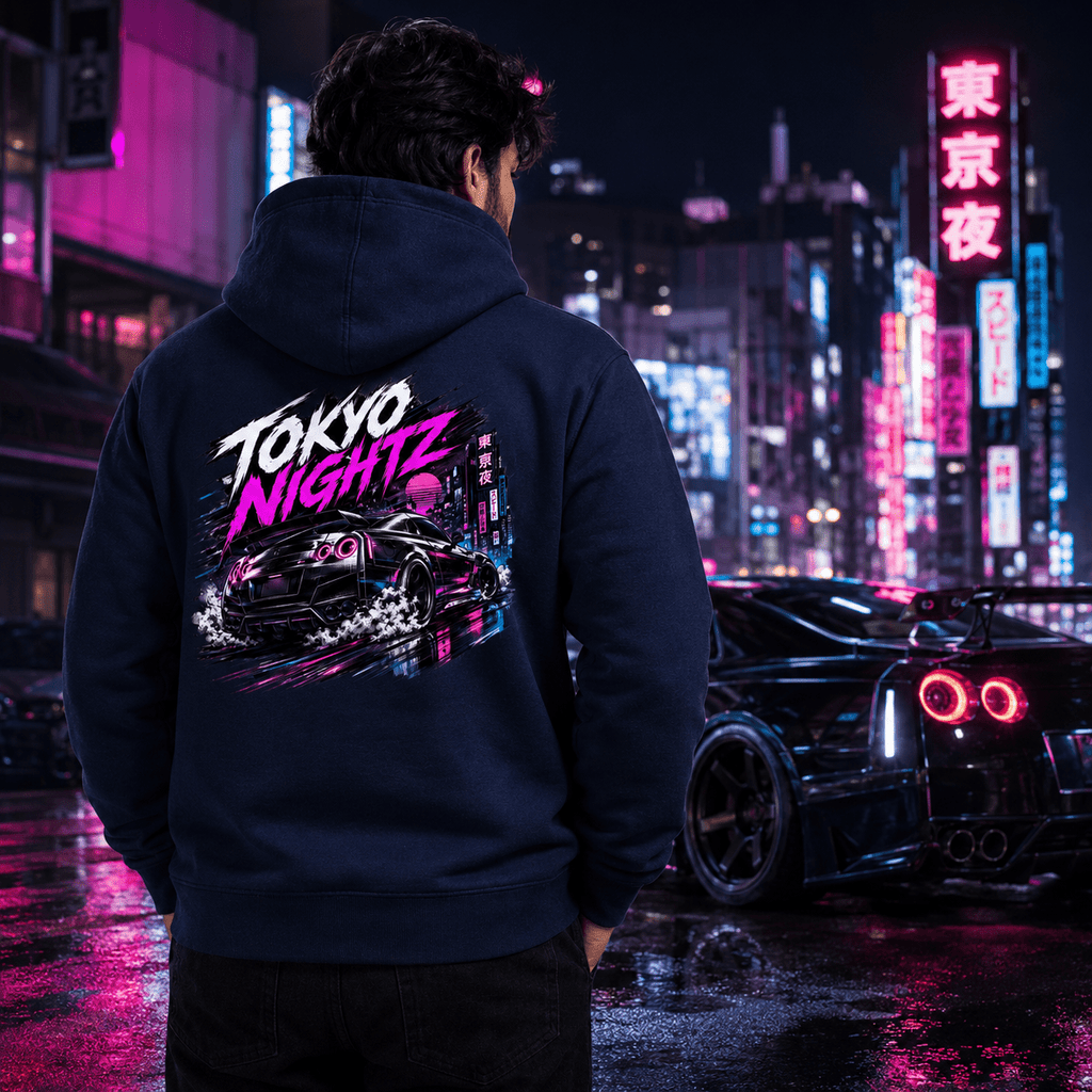 Model wearing Camberline Cars Tokyo Nightz Hoodie in Navy