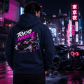 Model wearing Camberline Cars Tokyo Nightz Hoodie in Navy