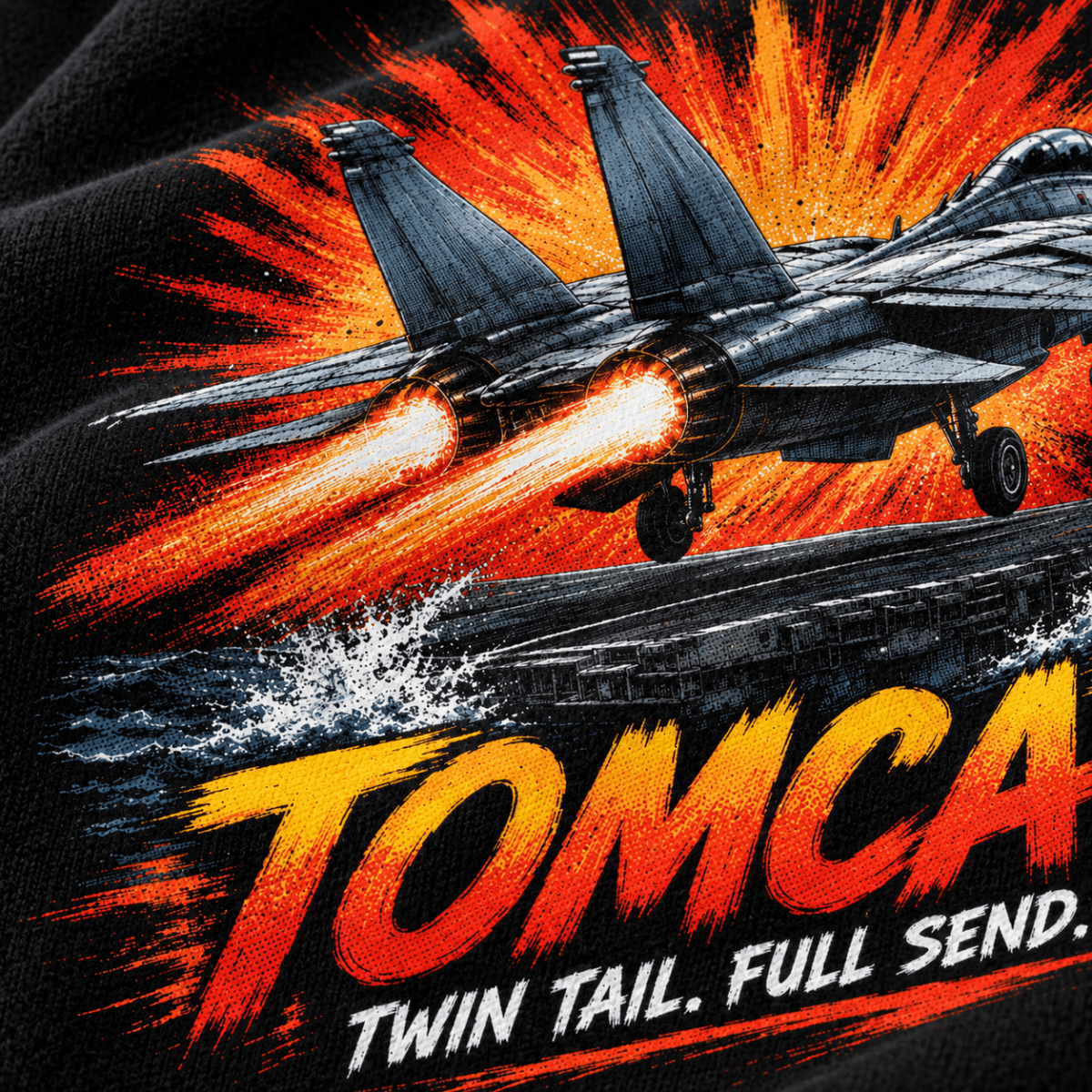 F-14 Tomcat Fighter Jet hoodie in Black, close-up of the halftone artwork