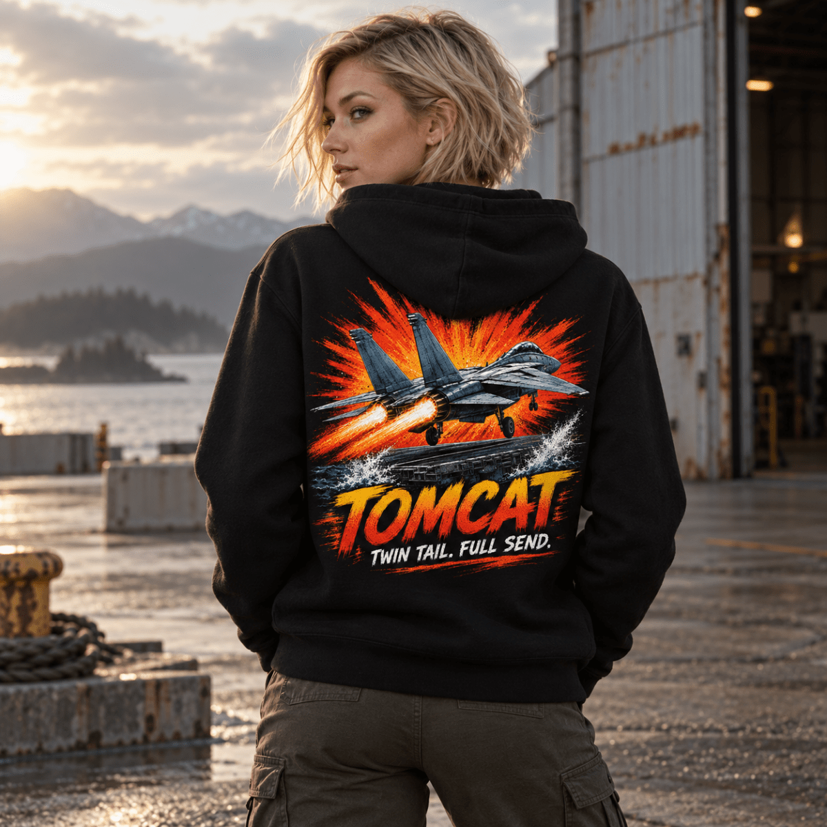 F-14 Tomcat Fighter Jet hoodie in Black, back view worn by a model