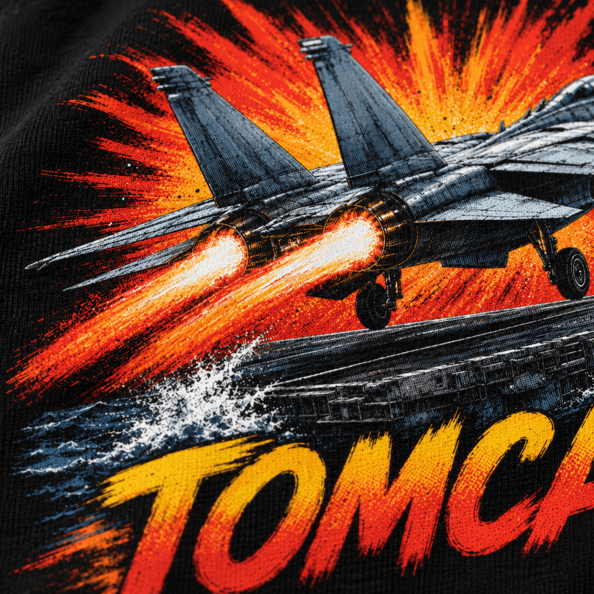 F-14 Tomcat Fighter Jet t-shirt in Black, close-up of the halftone artwork