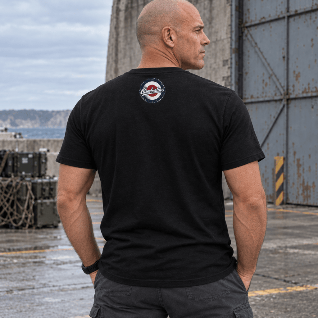 F-14 Tomcat Fighter Jet t-shirt in Black, back view worn by a model