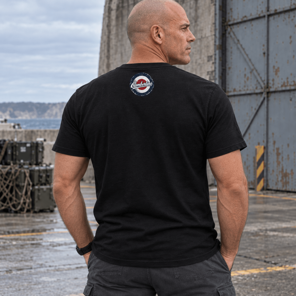 F-14 Tomcat Fighter Jet t-shirt in Black, back view worn by a model