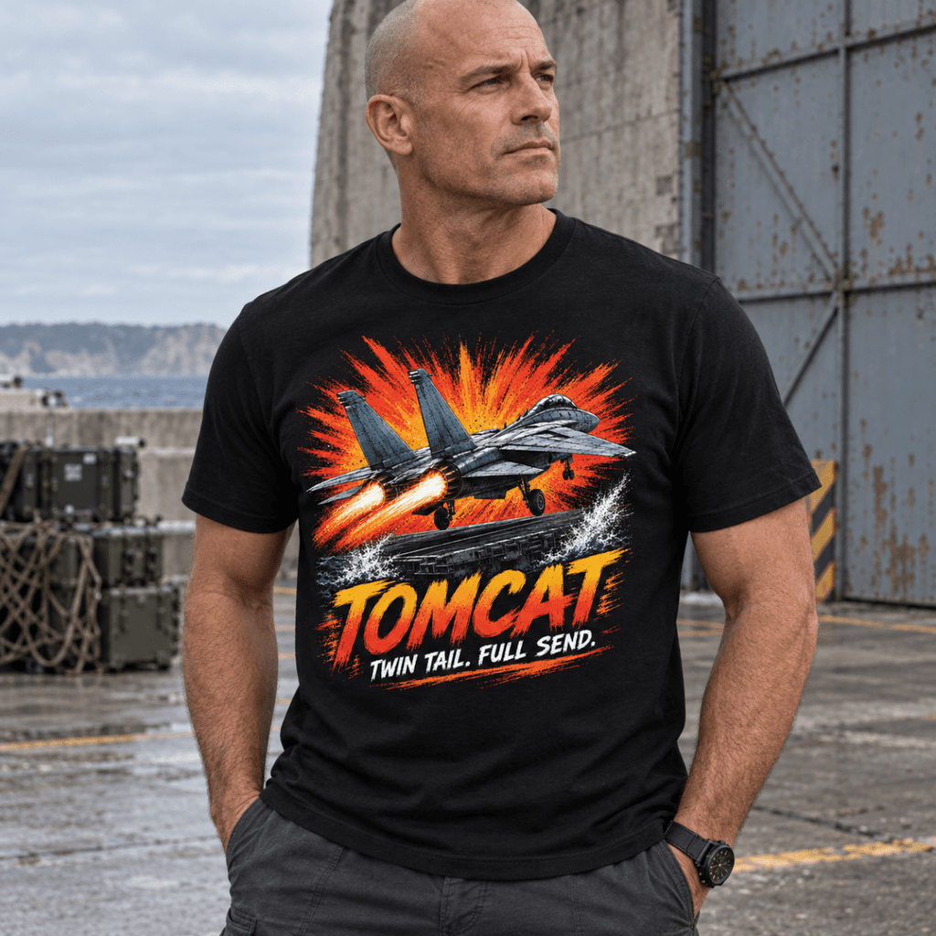 F-14 Tomcat Fighter Jet t-shirt in Black, front view worn by a model