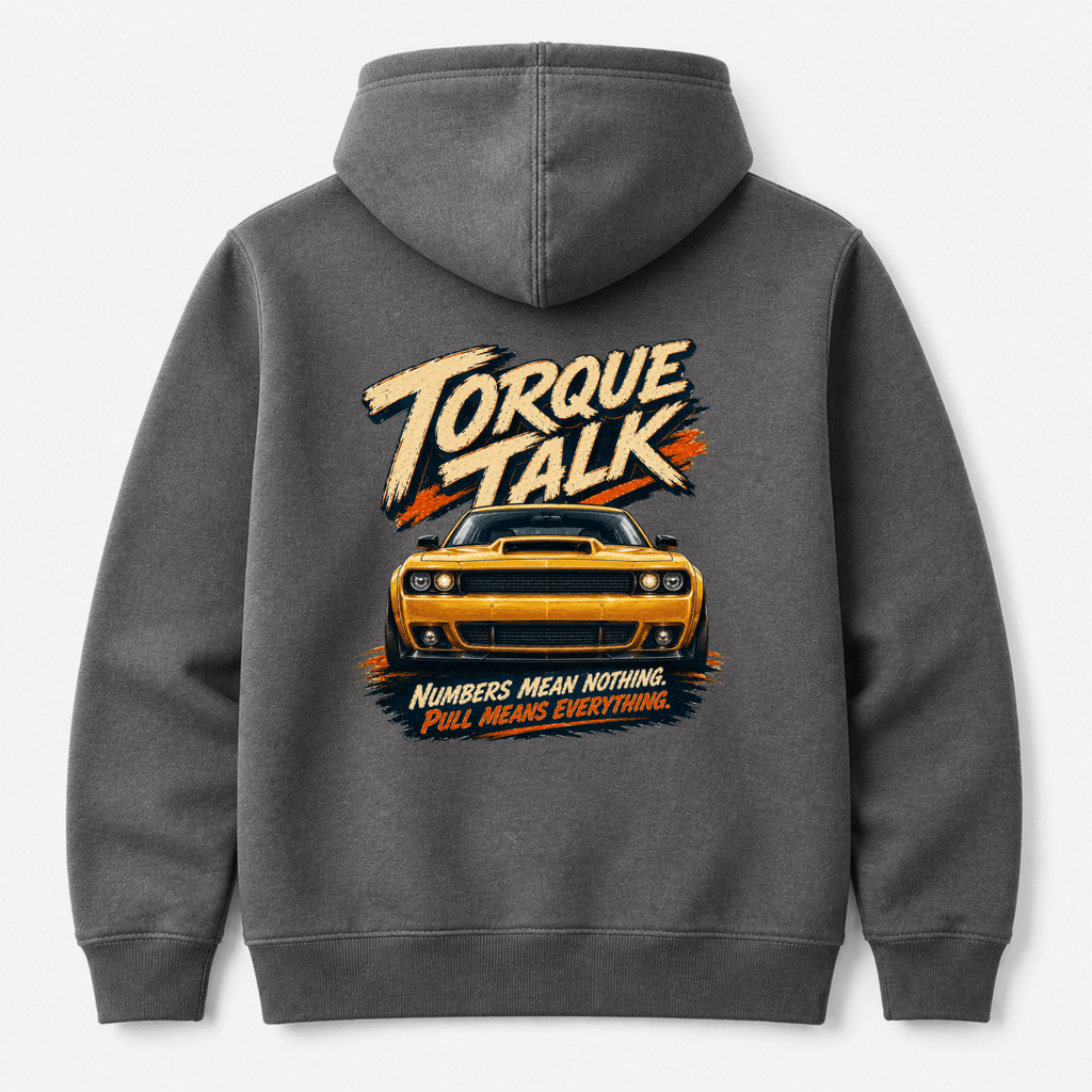 Camberline Cars Torque Talk Muscle Car Hoodie in Charcoal showing back graphic