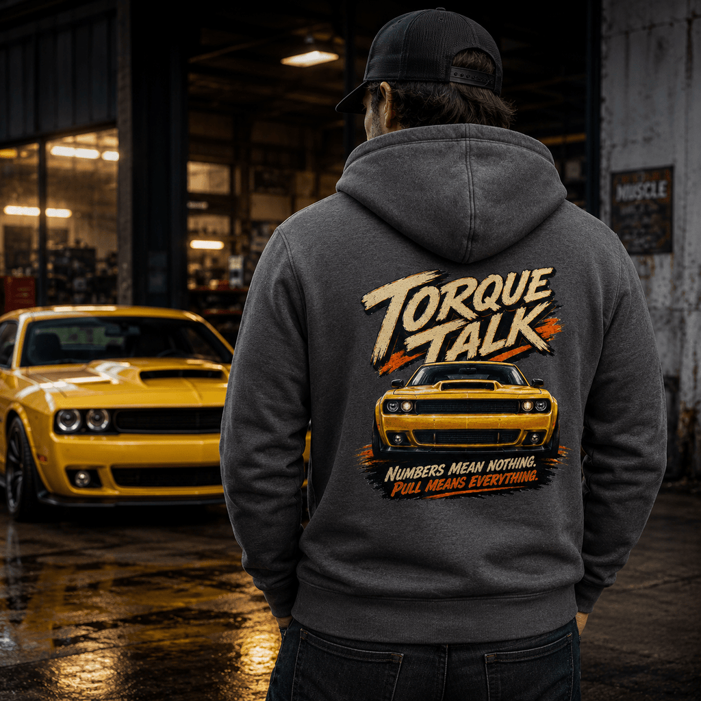 Model wearing Camberline Cars Torque Talk Muscle Car Hoodie in Charcoal, styled for car and 4x4 culture