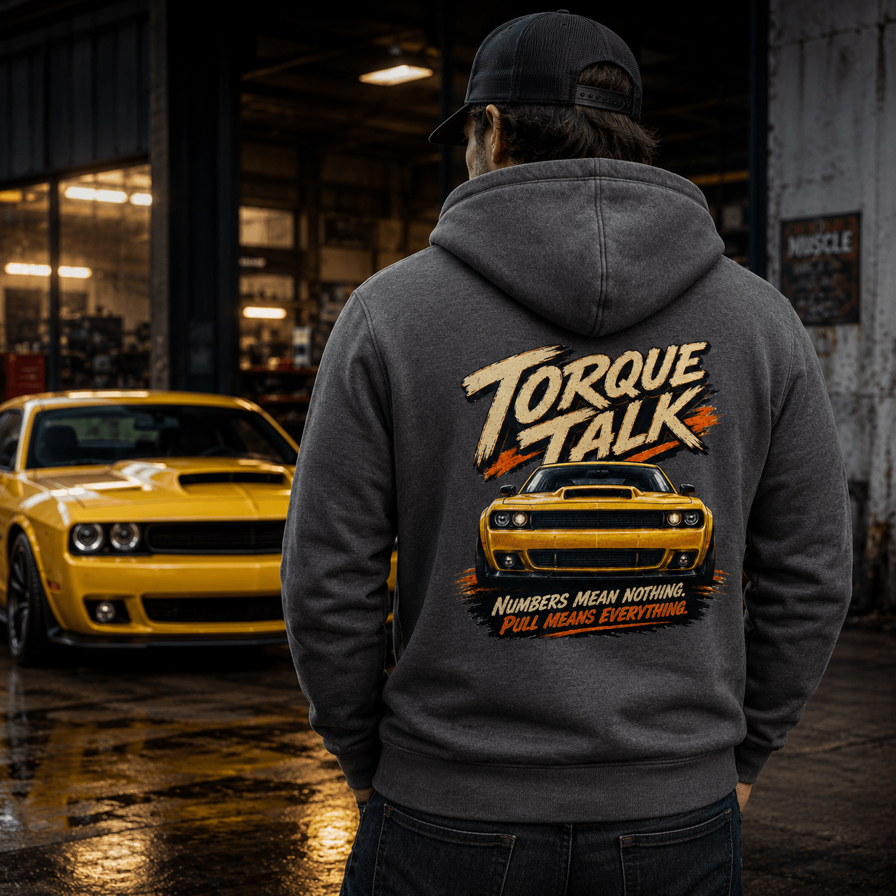 Model wearing Camberline Cars Torque Talk Muscle Car Hoodie in Charcoal, styled for car and 4x4 culture