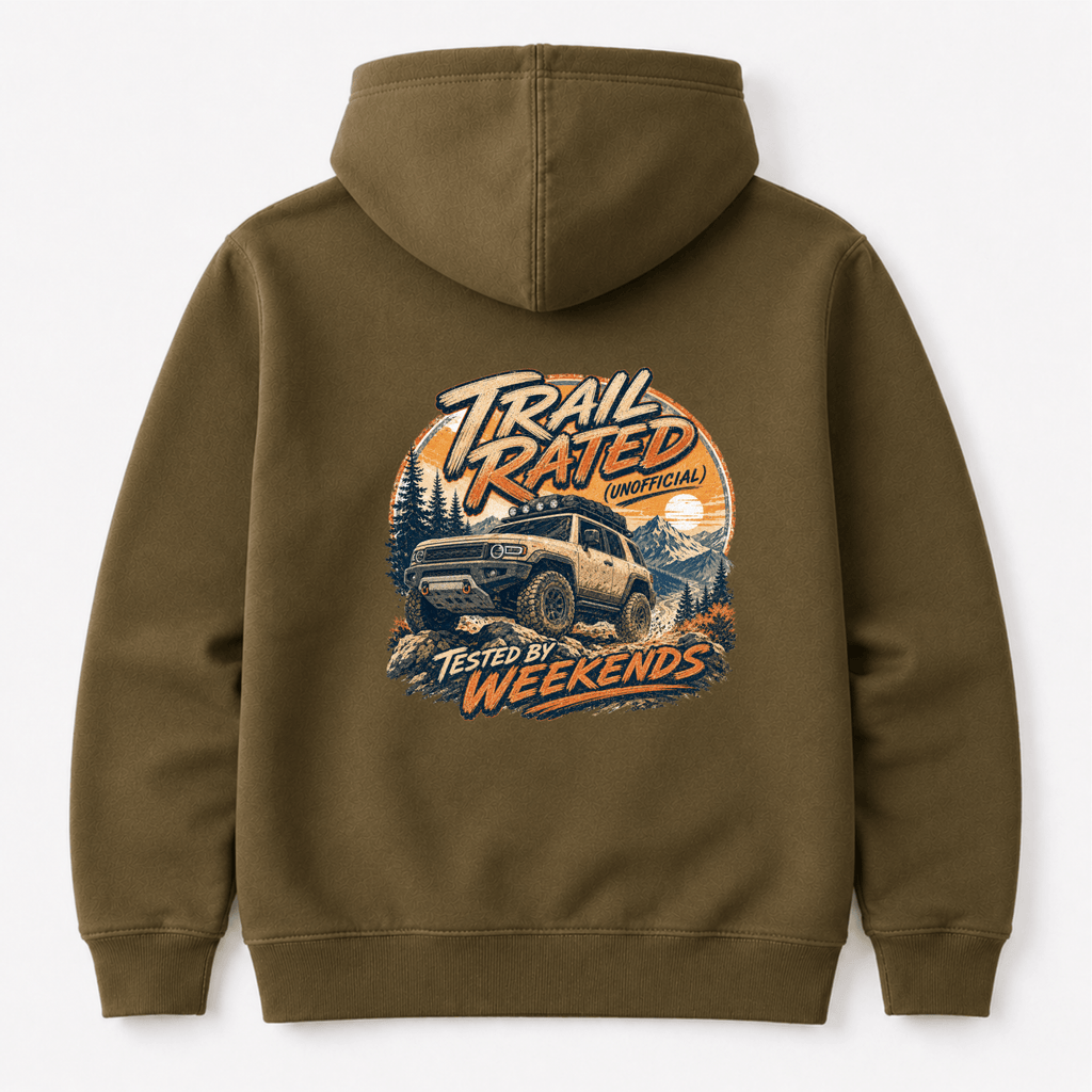 Camberline Cars Trail Rated Unofficial Hoodie in Combat Green showing back graphic