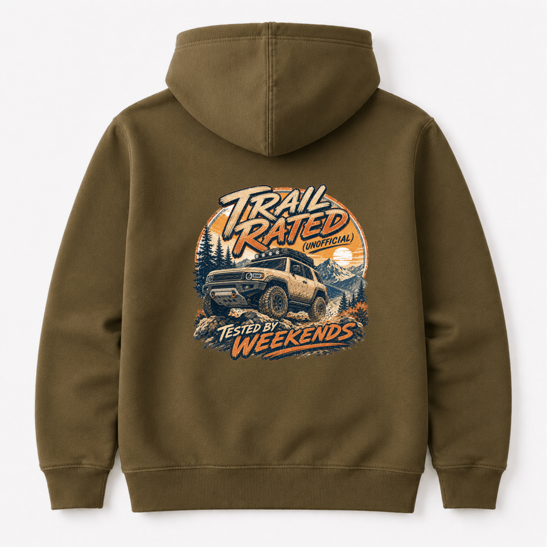 Camberline Cars Trail Rated Unofficial Hoodie in Combat Green showing back graphic