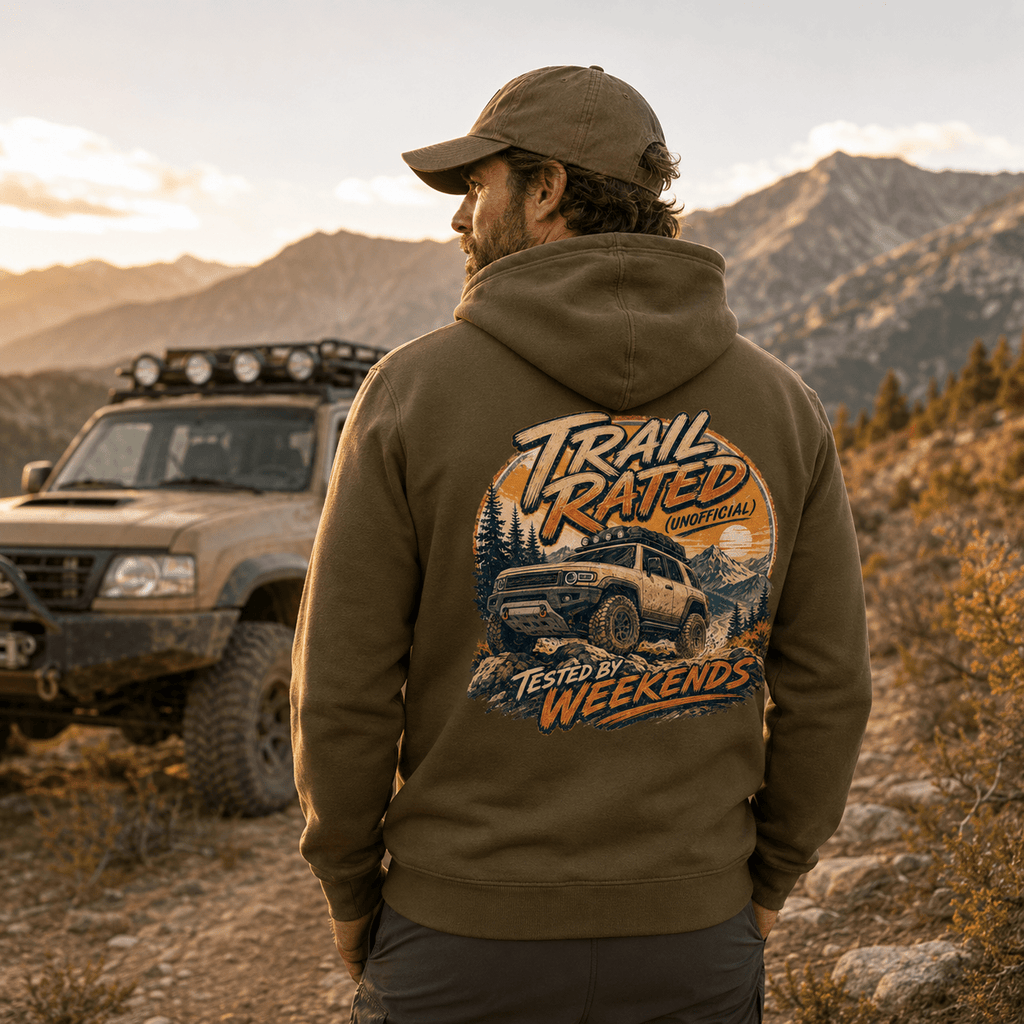 Model wearing Camberline Cars Trail Rated Unofficial Hoodie in Combat Green
