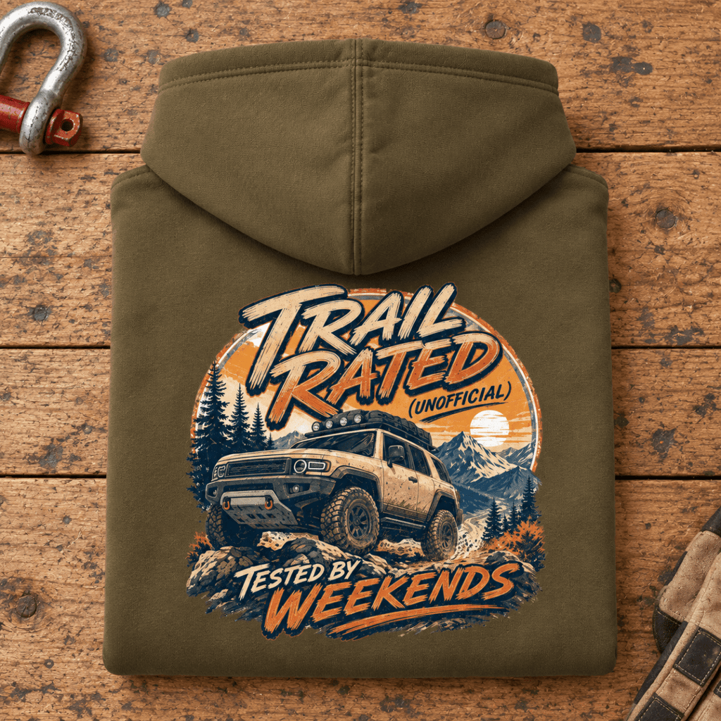 Folded combat green Trail Rated Unofficial hoodie back on a workshop bench — car-hd-0004