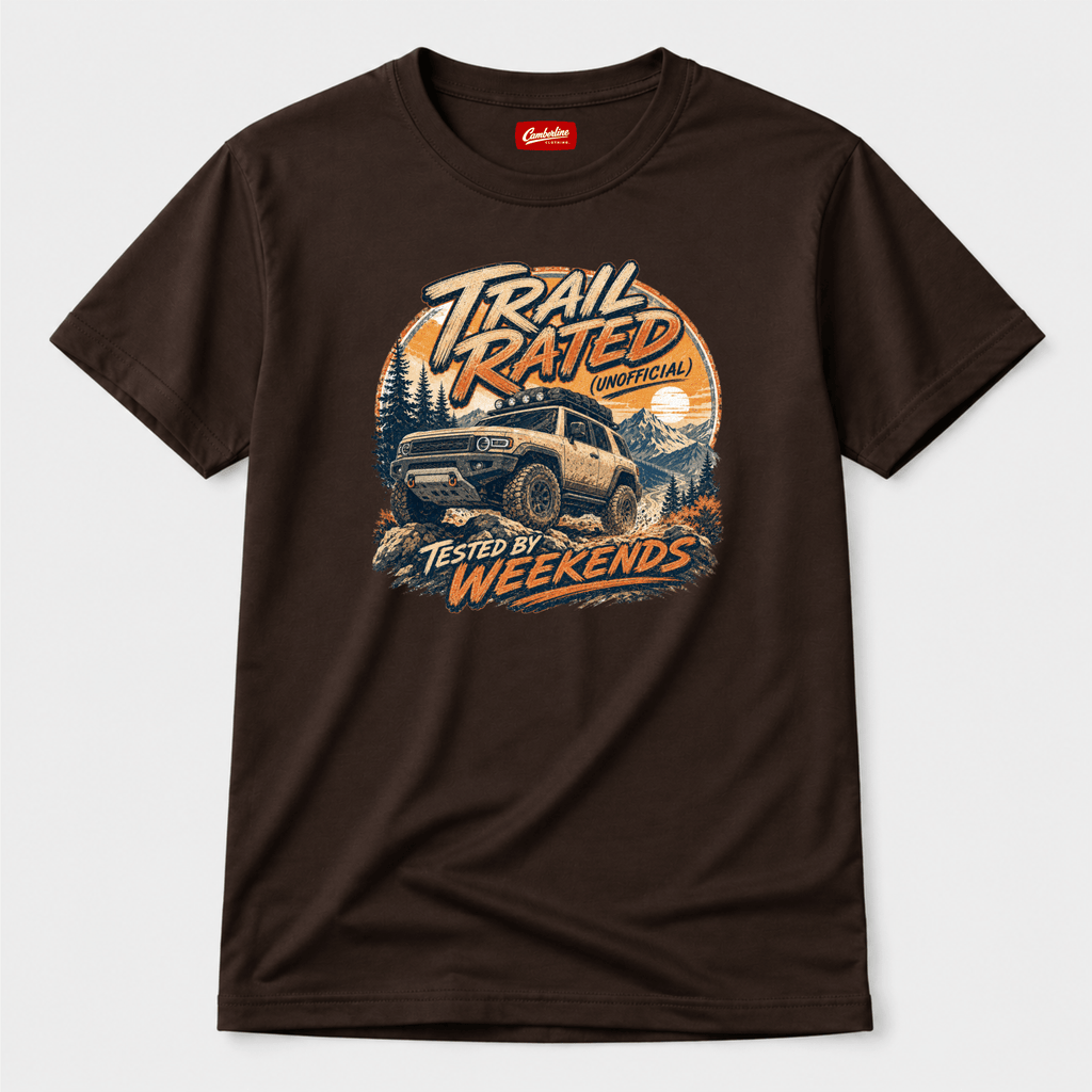 Camberline Cars Trail Rated Unofficial T-Shirt in Dark Chocolate showing front graphic