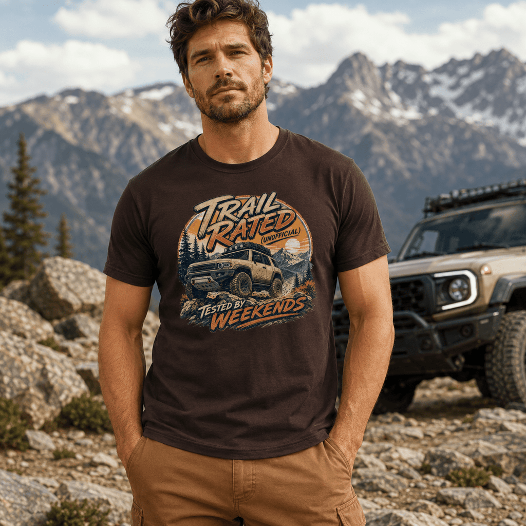 Model wearing Camberline Cars Trail Rated Unofficial T-Shirt in Dark Chocolate